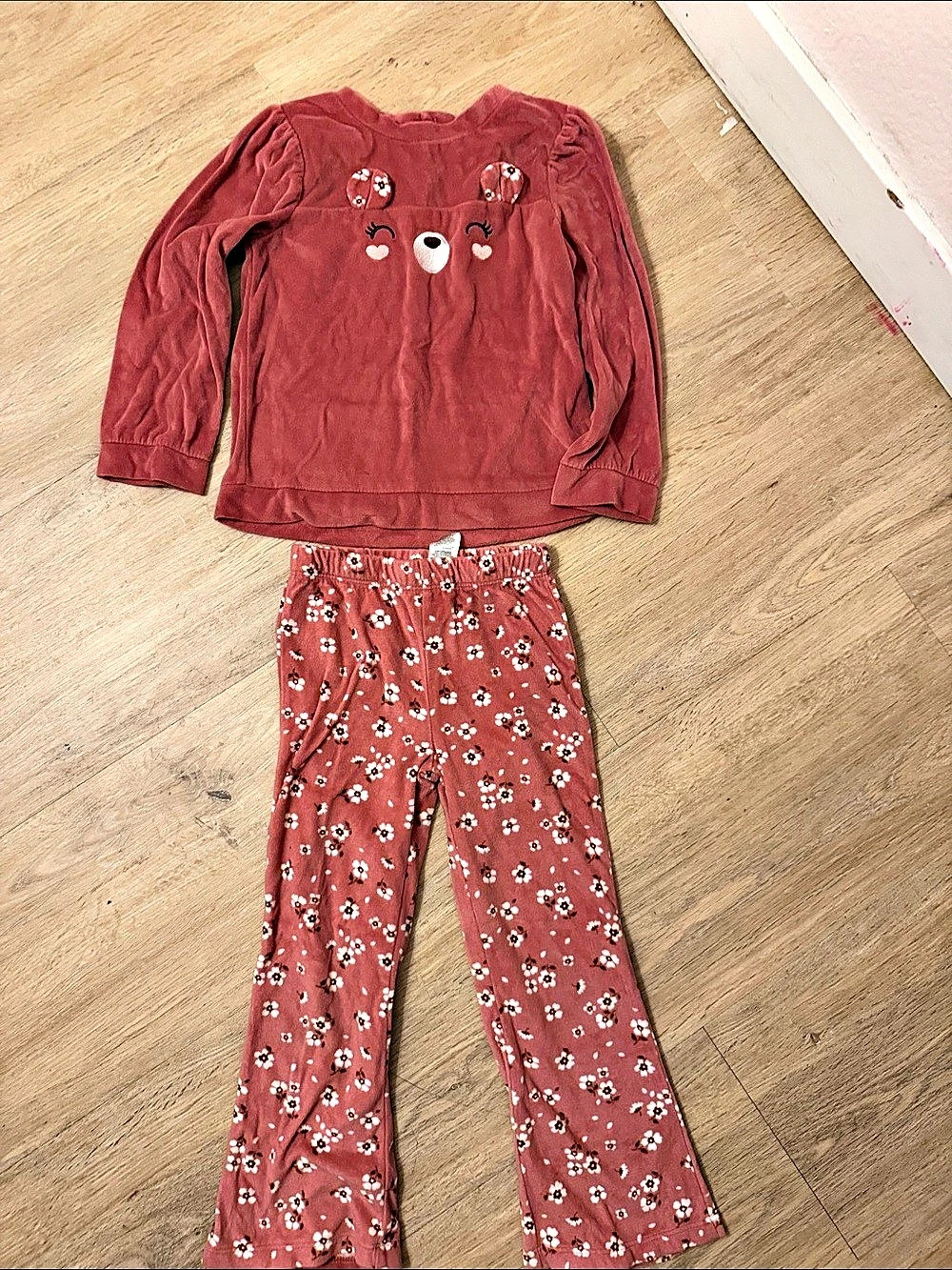 Little Lass Chenille Teddy Bear Top and Floral Pants Set Floral Pajama Set Pink